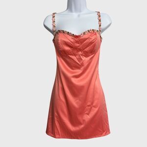 Coral Slip Mini Dress with Floral Straps Women's Size S Embroidered Satin Y2K